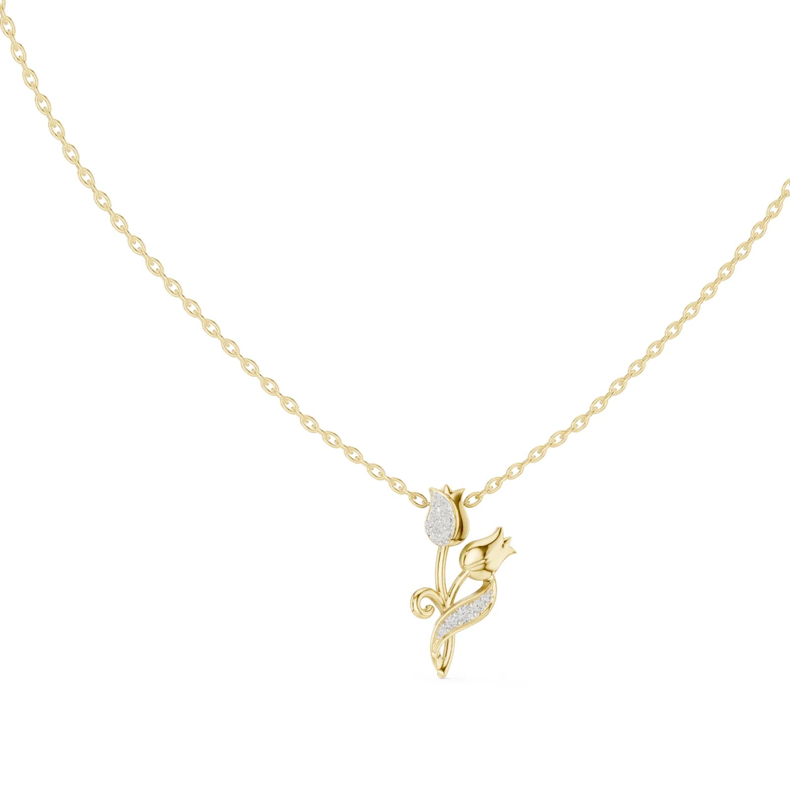 Floral Tulip Motif Pendant Necklace with Pave Accent Details - Yellow