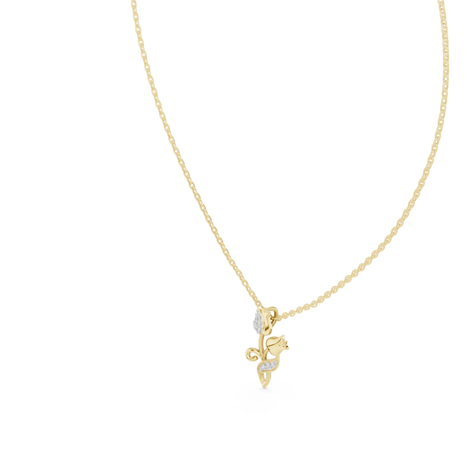 Floral Tulip Motif Pendant Necklace with Pave Accent Details - Yellow alternate angle