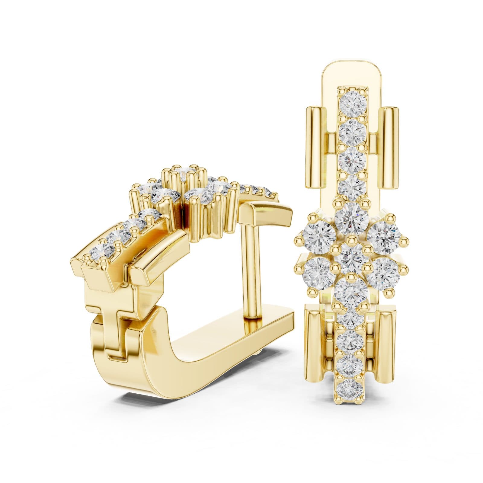 Geometric Architectural Bar Pavé Diamond Floral Hoops - Yellow