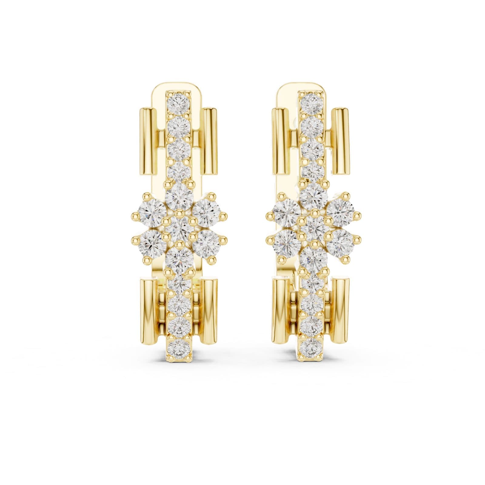 Geometric Architectural Bar Pavé Diamond Floral Hoops - Yellow alternate angle