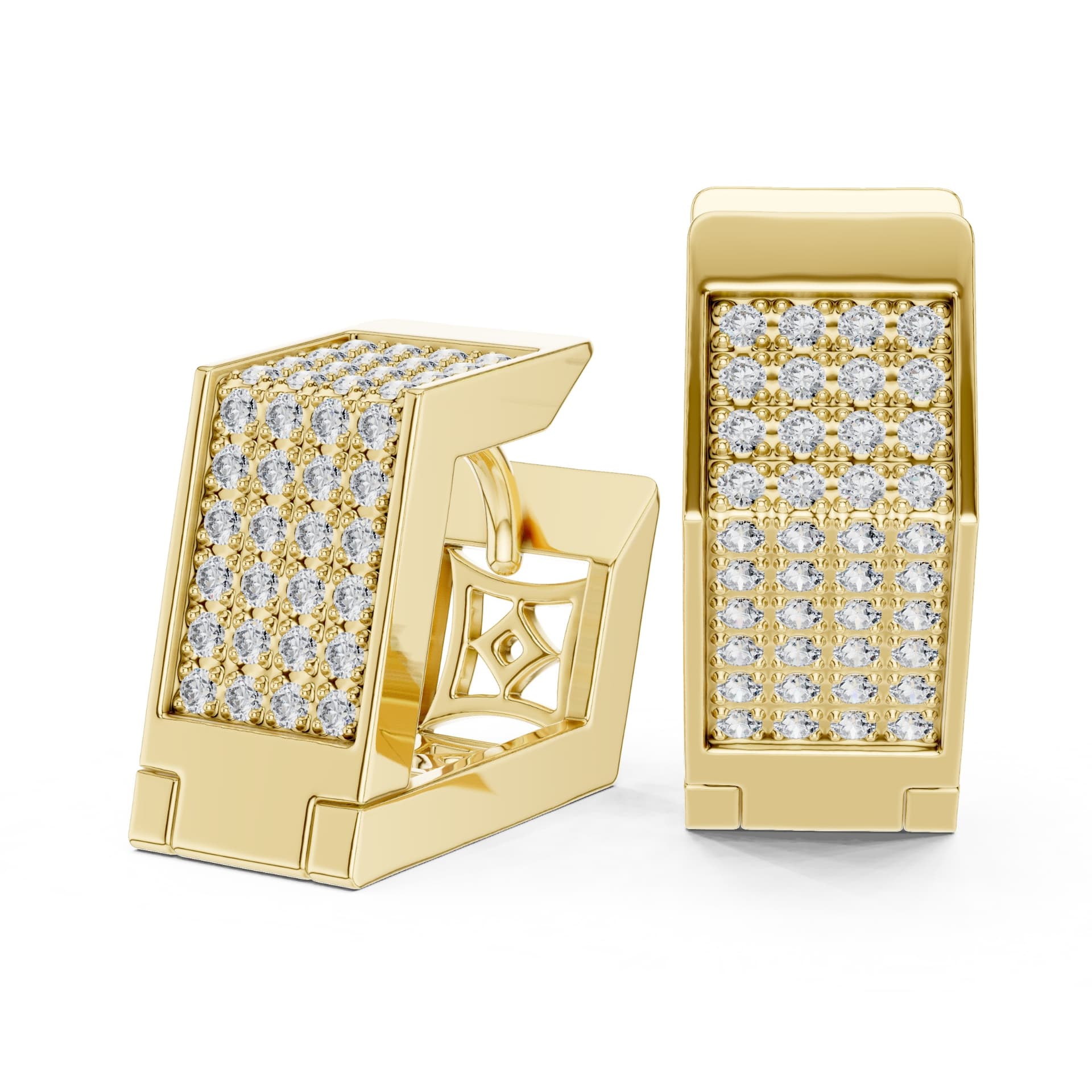 Geometric Multi-Row Pavé Diamond Wide Hoop Earrings - Yellow