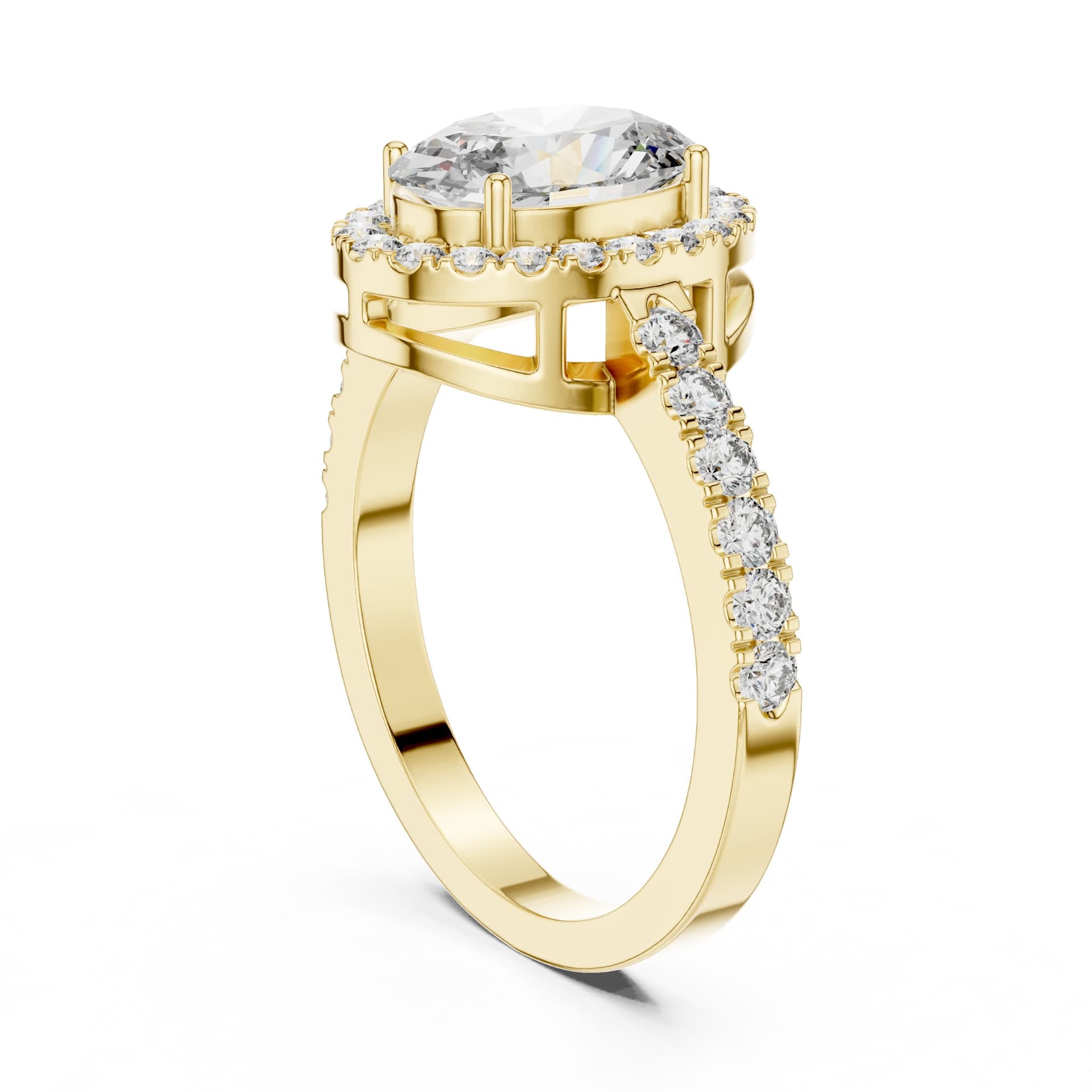 Oval Solitaire Diamond Ring with Brilliant Halo and Pavé Band - Yellow