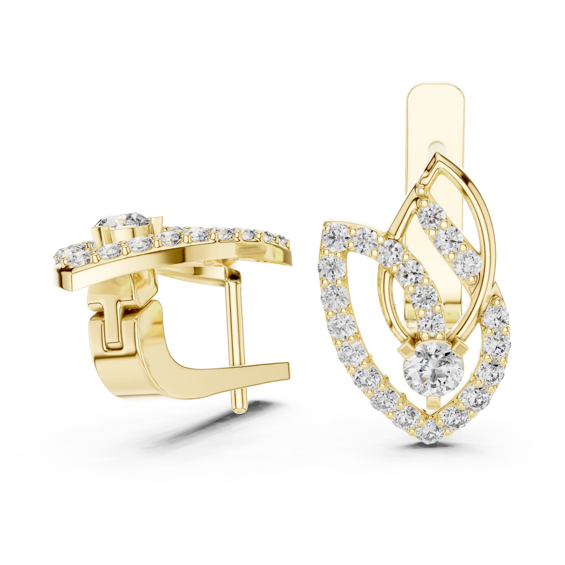 Round Cut Diamond Open Leaf Drop Earrings - Yellow