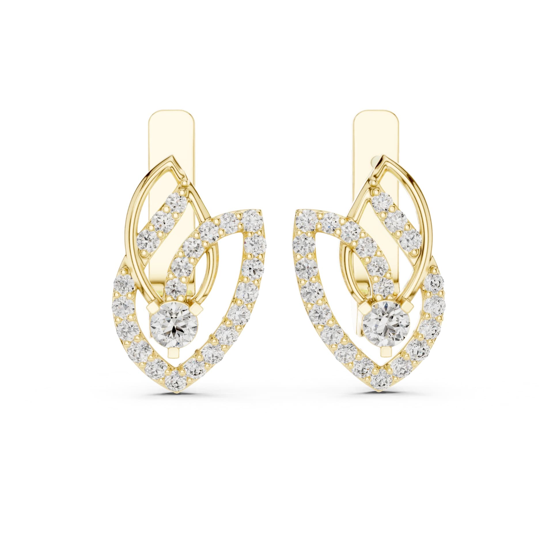 Round Cut Diamond Open Leaf Drop Earrings - Yellow alternate angle